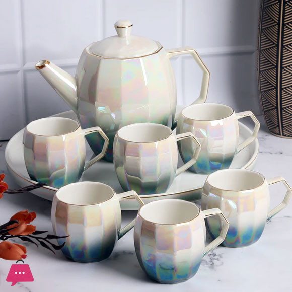 Holographic Tea Set 6 Cups Kettle & Revolving Tray