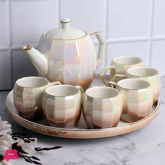 Holographic Tea Set 6 Cups Kettle & Revolving Tray