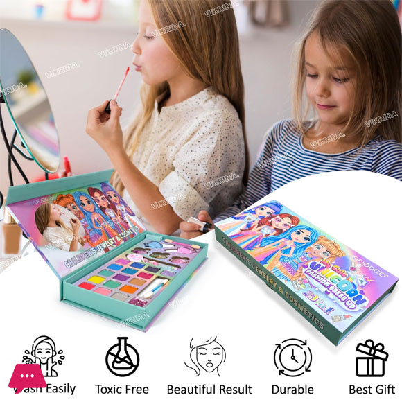 Kids Washable Makeup Kit Fold Out Makeup Palette with Mirror with Light
