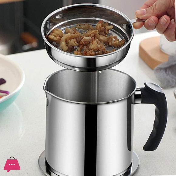 Oil Strainer Pot Stainless Steel Container Oil Storage Can with Removable Filter Lid with Strainer 1.2Liter