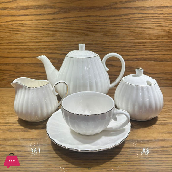 Porcelain Tea Set -7 Tea Cups and Saucers Service for 6 Gold Trimspumpkin Fluted Shape