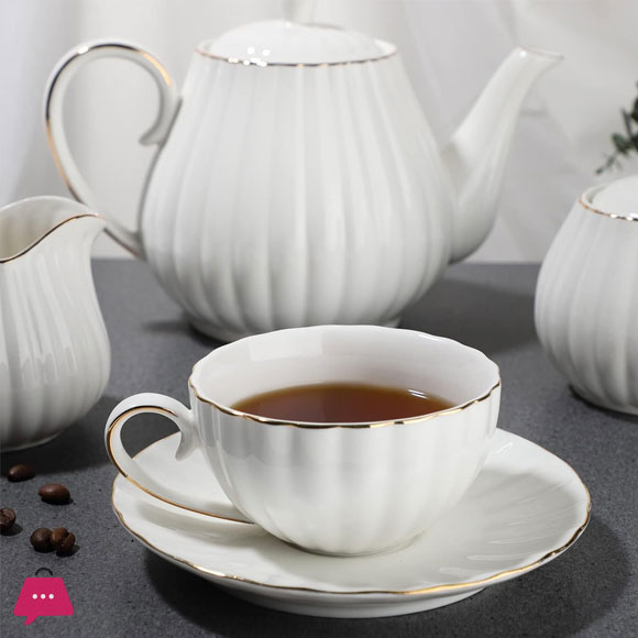 Porcelain Tea Set -7 Tea Cups and Saucers Service for 6 Gold Trimspumpkin Fluted Shape