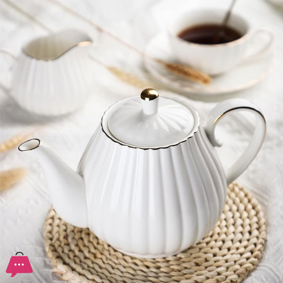 Porcelain Tea Set -7 Tea Cups and Saucers Service for 6 Gold Trimspumpkin Fluted Shape