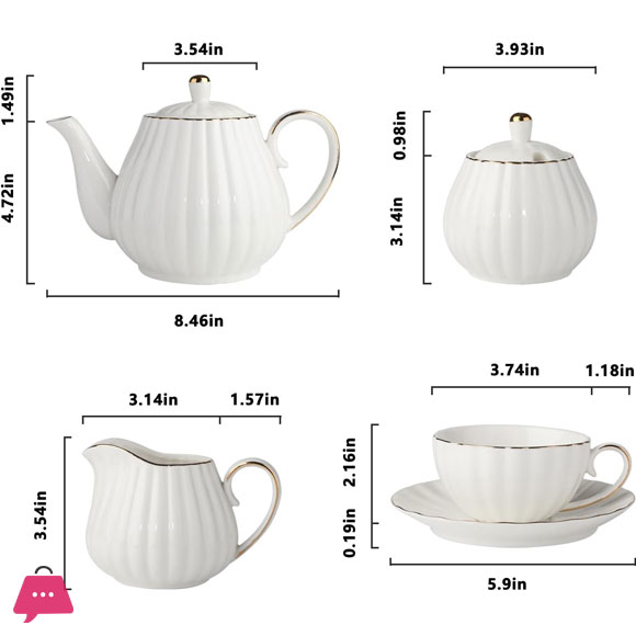 Porcelain Tea Set -7 Tea Cups and Saucers Service for 6 Gold Trimspumpkin Fluted Shape