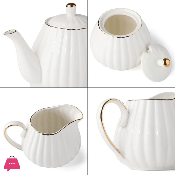 Porcelain Tea Set -7 Tea Cups and Saucers Service for 6 Gold Trimspumpkin Fluted Shape