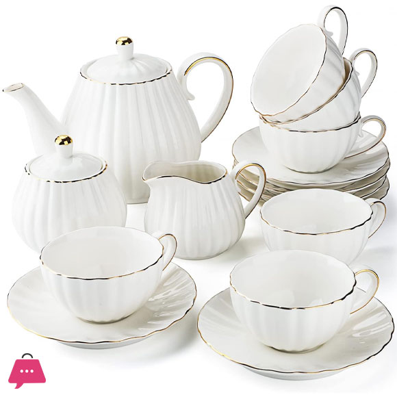 Porcelain Tea Set -7 Tea Cups and Saucers Service for 6 Gold Trimspumpkin Fluted Shape