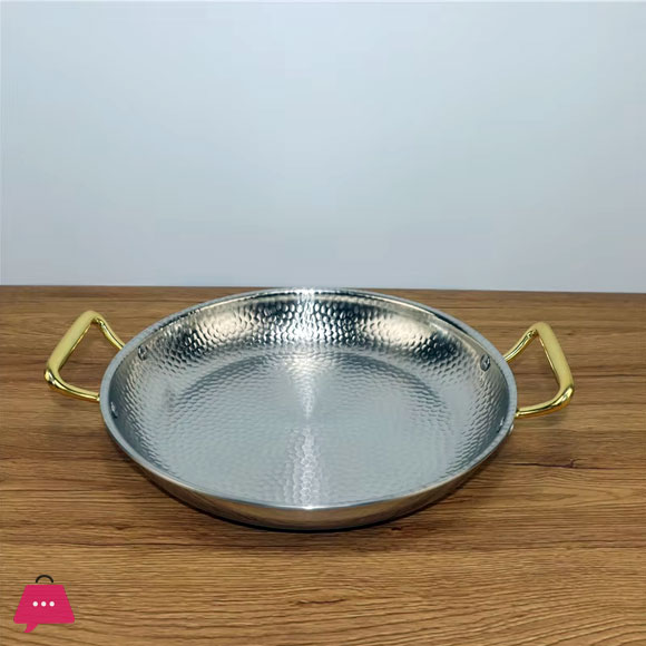 Stainless Steel Hand Hammered Seafood Paella Pan Non Stick Paella Cookware Pot with Dual Rivets Handles For Homes Or Restaurants - 24cm