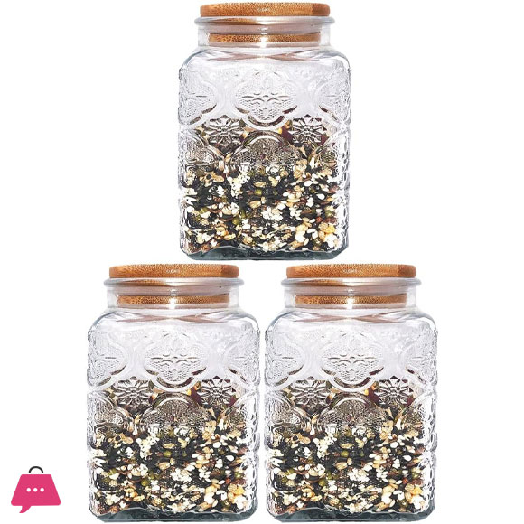 Vintage Glass Jars Canisters Glass Storage Retro Embossed Design Jars Airtight Canisters with Seal Wooden Lid 3 Pcs Set