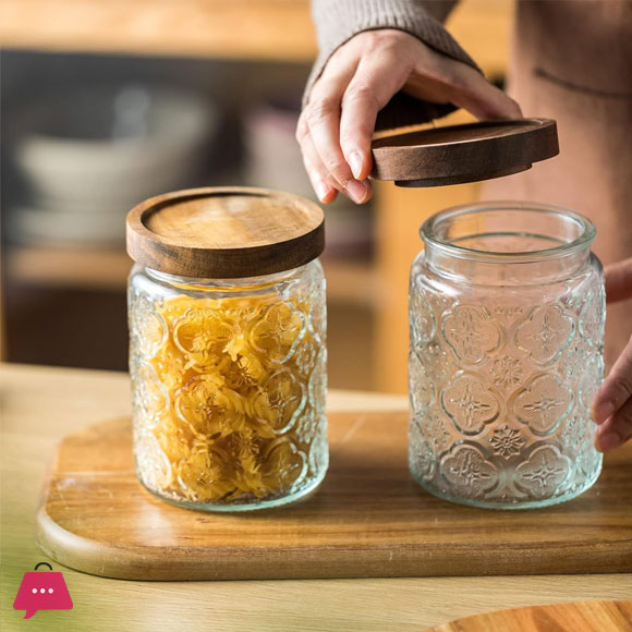 Vintage Glass Jars Canisters Glass Storage Retro Embossed Design Jars Round with Seal Wooden Lid 3 Pcs Set