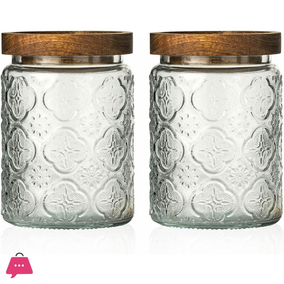 Vintage Glass Jars Canisters Glass Storage Retro Embossed Design Jars Round with Seal Wooden Lid 3 Pcs Set