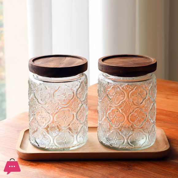 Vintage Glass Jars Canisters Glass Storage Retro Embossed Design Jars Round with Seal Wooden Lid 3 Pcs Set