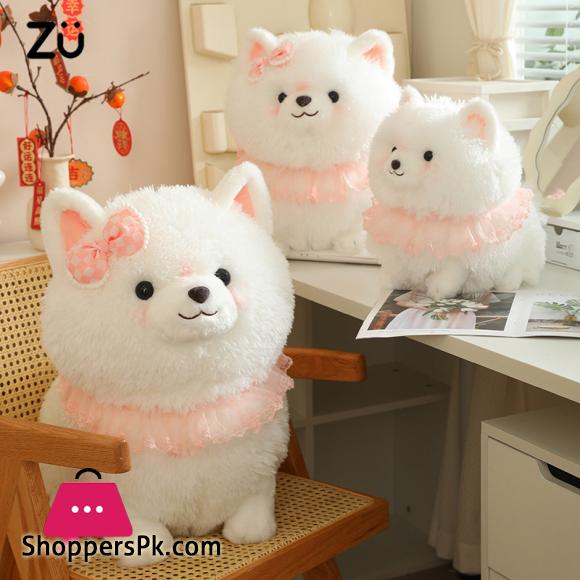 Plush Toy White Dog Pink Lace Decor Cute Stuffed Animal White Dog