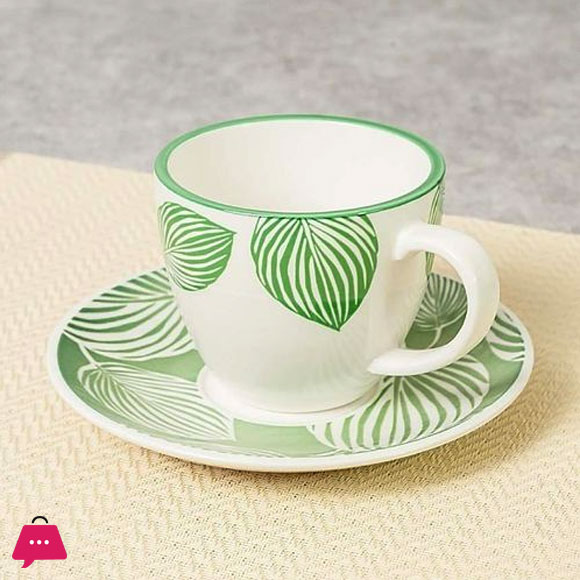 Danny Home Green Leaf Porcelain 200ml Cup & Saucer Set of 6