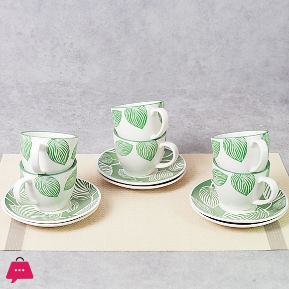 Danny Home Green Leaf Porcelain 200ml Cup & Saucer Set of 6