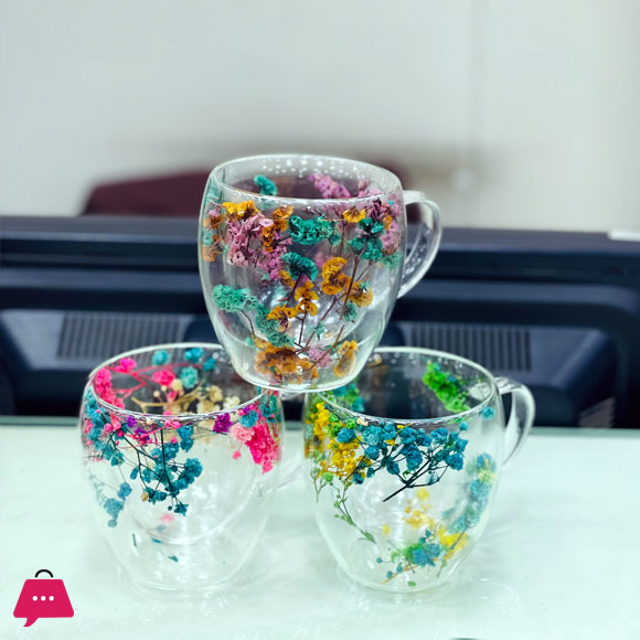 Double Wall Glass Dried Flower Filler Heat Resistant Mug With Handles Tea Cup 250ml