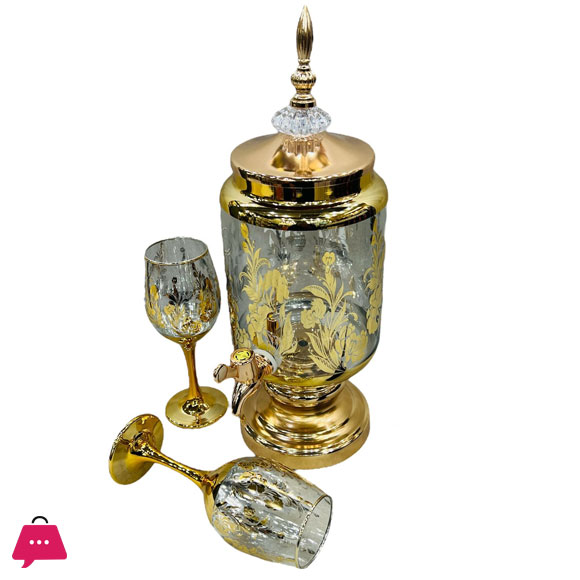 Fancy Golden Round Glassware Water Set with Dispenser