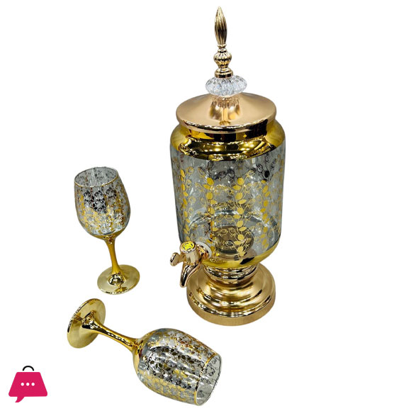 Fancy Golden Round Glassware Water Set with Dispenser