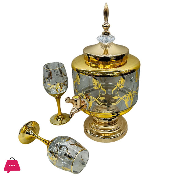 Fancy Golden Round Glassware Water Set with Dispenser