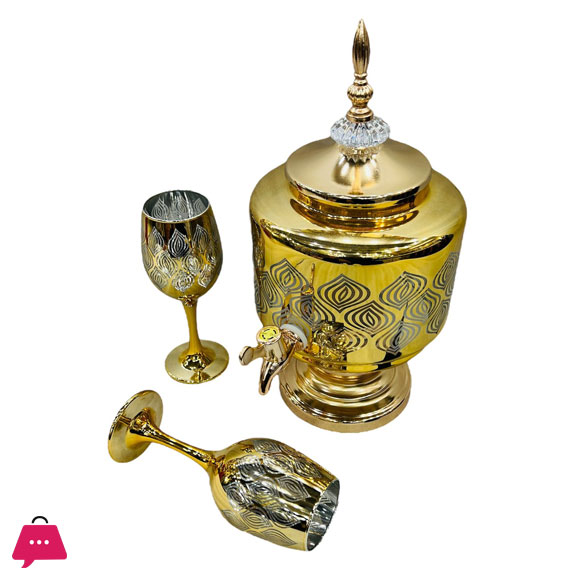 Fancy Golden Round Glassware Water Set with Dispenser
