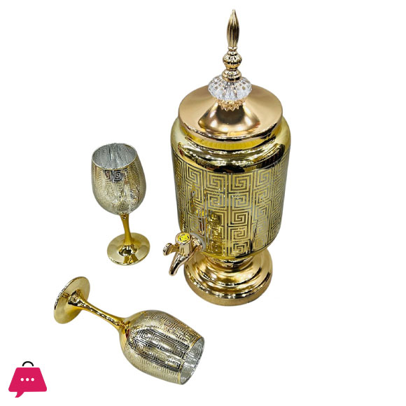 Fancy Golden Round Glassware Water Set with Dispenser