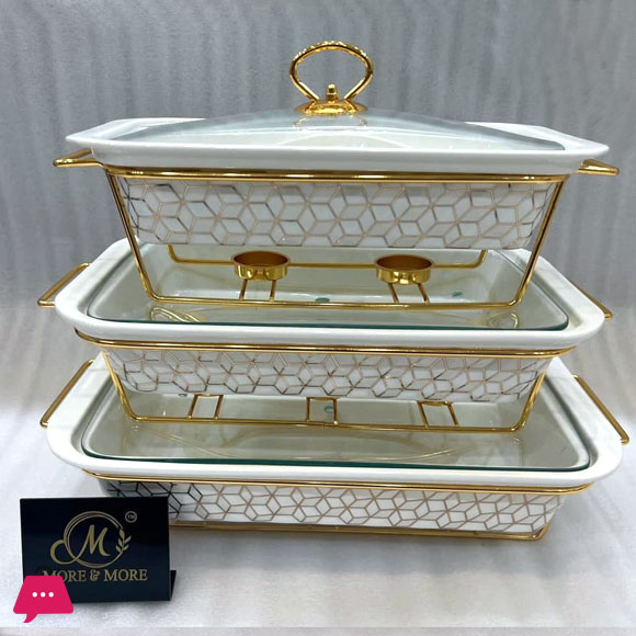 More N More Rectangular Gold Pattren Ceramic Chafing Dish Casserole With Stand 3-Pcs