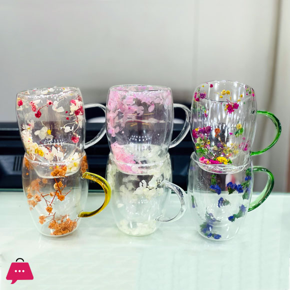 Real Flower Double-Wall Glass Cup 350ml Pack of 6
