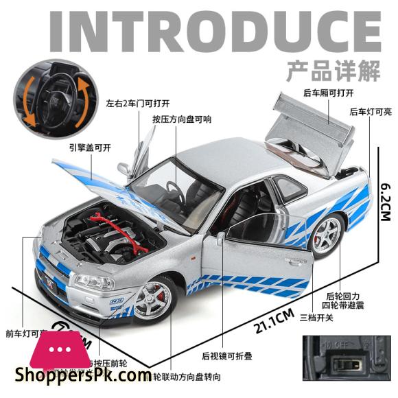 1:24 Nissan GTR R34 Skylin Fast & Furious Alloy Car Model Sound and Light Pull Back Childrens Toy Collectibles