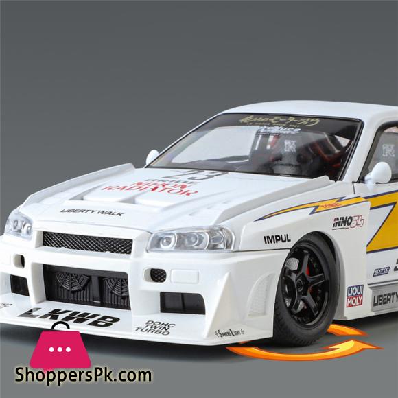 1:24 Nissan Skyline Ares GTR R34 Alloy Modified Wide Body Sports Car Model Diecast Raing Car Model Sound and Light Kids Toy Gift