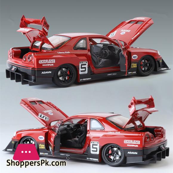1:24 Nissan Skyline Ares GTR R34 Alloy Modified Wide Body Sports Car Model Diecast Raing Car Model Sound and Light Kids Toy Gift