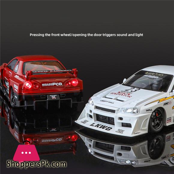 1:24 Nissan Skyline Ares GTR R34 Alloy Modified Wide Body Sports Car Model Diecast Raing Car Model Sound and Light Kids Toy Gift