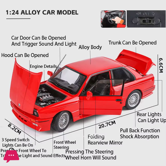 1:24 BMW M3 Miniature Model Alloy Car Toys Diecast Metal Vehices Sound Light Pull Back 4 Doors Opened