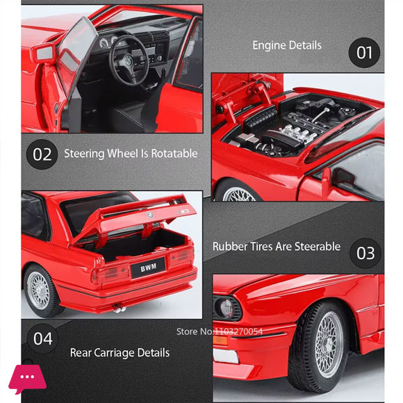1:24 BMW M3 Miniature Model Alloy Car Toys Diecast Metal Vehices Sound Light Pull Back 4 Doors Opened