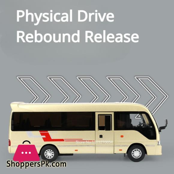 1:32 Coaster Car Toys Model Diecast Alloy Bus Sound Light Pull Back Doors Can Opened Metal Body Rubber Tires Toy