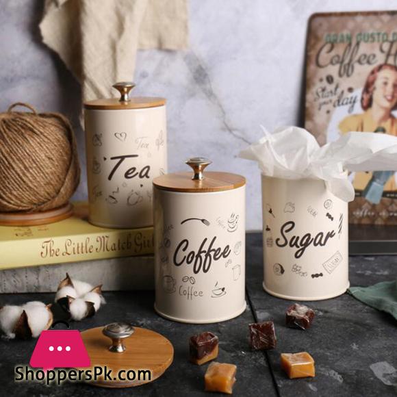 3-Piece Vintage Retro Metal Containers with Lids Coffee Tea Sugar Set Bamboo Top Sealed Cans Box