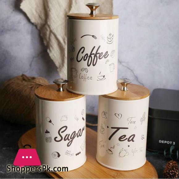 3-Piece Vintage Retro Metal Containers with Lids Coffee Tea Sugar Set Bamboo Top Sealed Cans Box