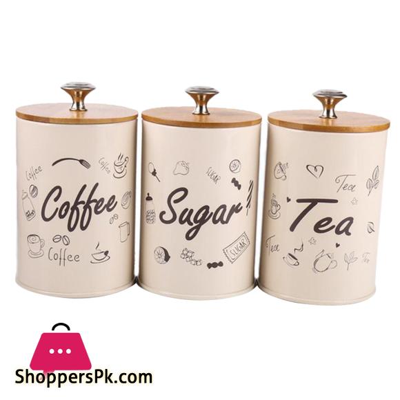3-Piece Vintage Retro Metal Containers with Lids Coffee Tea Sugar Set Bamboo Top Sealed Cans Box