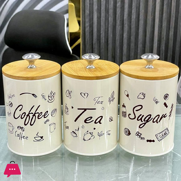 3-Piece Vintage Retro Metal Containers with Lids Coffee Tea Sugar Set Bamboo Top Sealed Cans Box