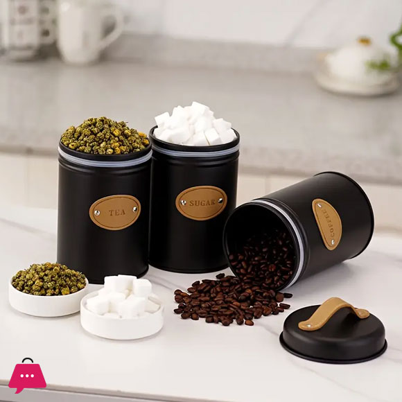 3-Piece Vintage Retro Metal Containers with Lids Coffee Tea Sugar Set Canister Black with Leather Handles
