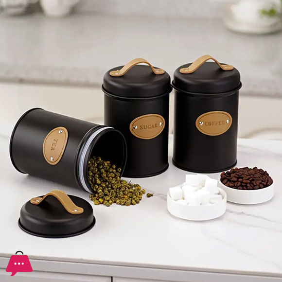 3-Piece Vintage Retro Metal Containers with Lids Coffee Tea Sugar Set Canister Black with Leather Handles