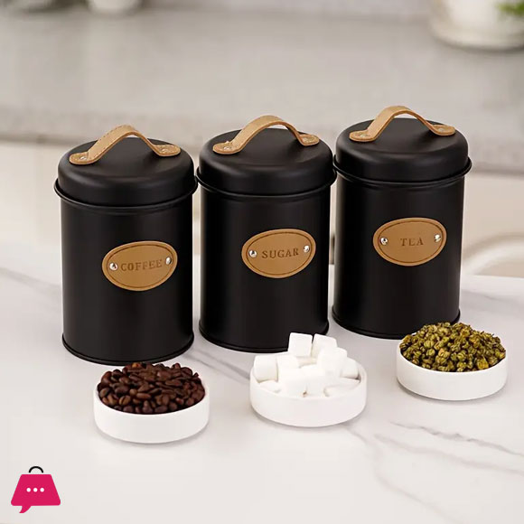 3-Piece Vintage Retro Metal Containers with Lids Coffee Tea Sugar Set Canister Black with Leather Handles