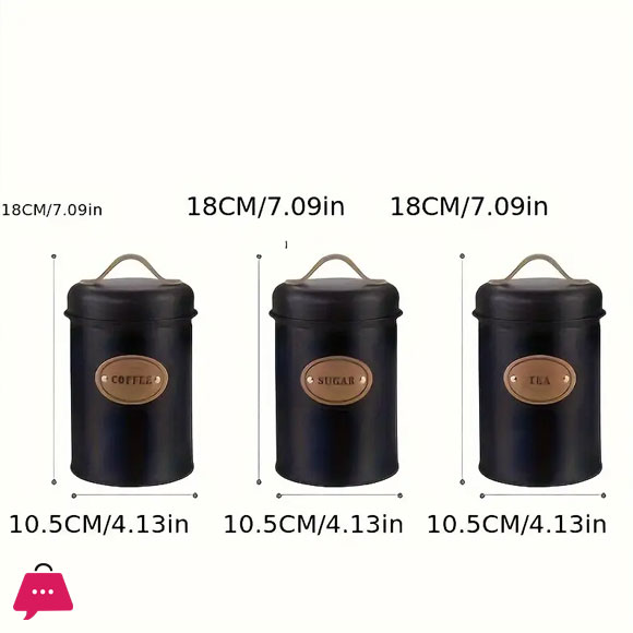 3-Piece Vintage Retro Metal Containers with Lids Coffee Tea Sugar Set Canister Black with Leather Handles