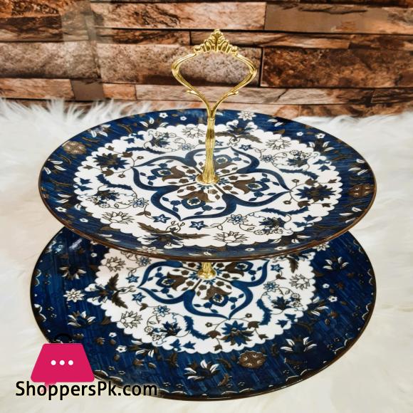 Ceramic Fruit Bowl Cake Stand 2 Tier Serving Platter with Round Glass Plate & Golden Stainless Steel