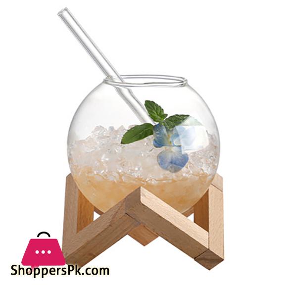 Cocktail Glass Cup With Wood Stand Creative Bar Glassware Drink Ronud Ball Mug Fruit Moon Juice Tumbler