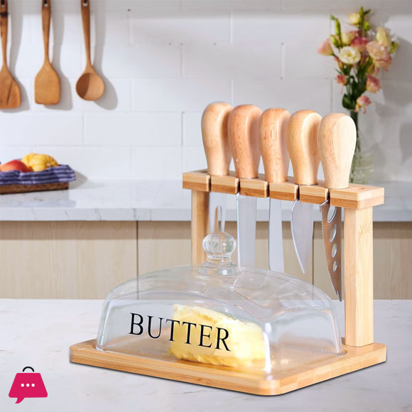 Bamboo Butter Dish and Lid Wooden Serving Tray with Glass Cover