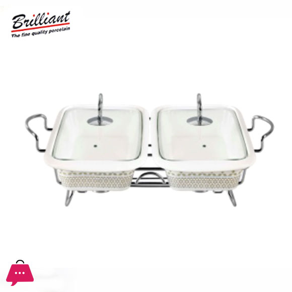 Brilliant Twin Rectangle Casserole Serving Dish With Candle Stand – Buffet Food Warmer 13 Inch
