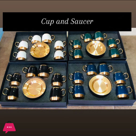 Ceramic Coffee and Tea Cup and Metal Golden Saucer