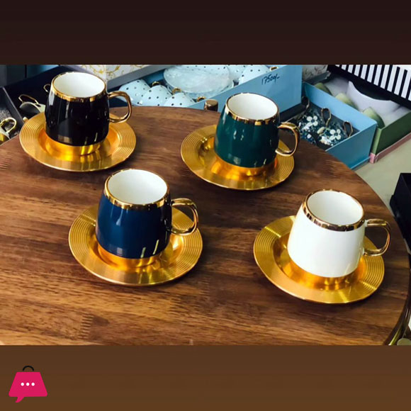 Ceramic Coffee and Tea Cup and Metal Golden Saucer