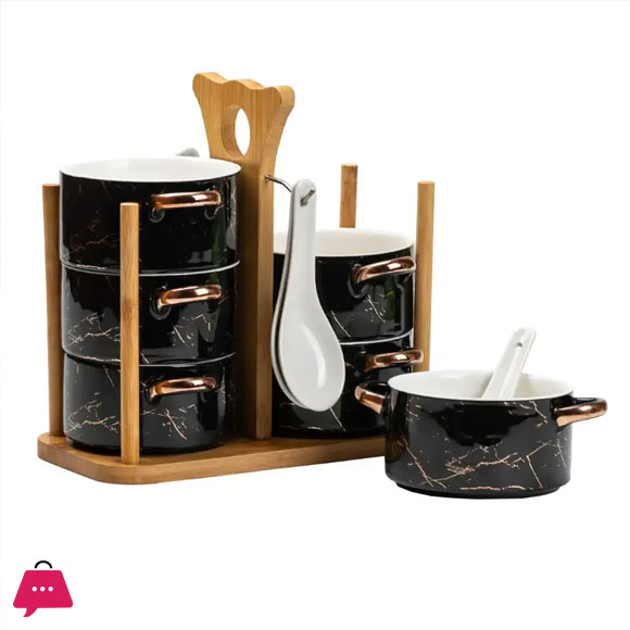Ceramic Soup Bowls and Spoons Set 12 Pieces on Stand