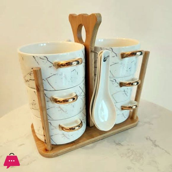 Ceramic Soup Bowls and Spoons Set 12 Pieces on Stand