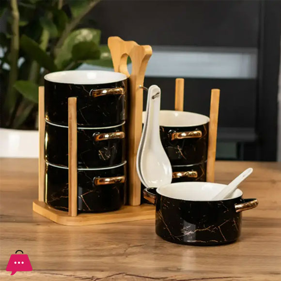 Ceramic Soup Bowls and Spoons Set 12 Pieces on Stand